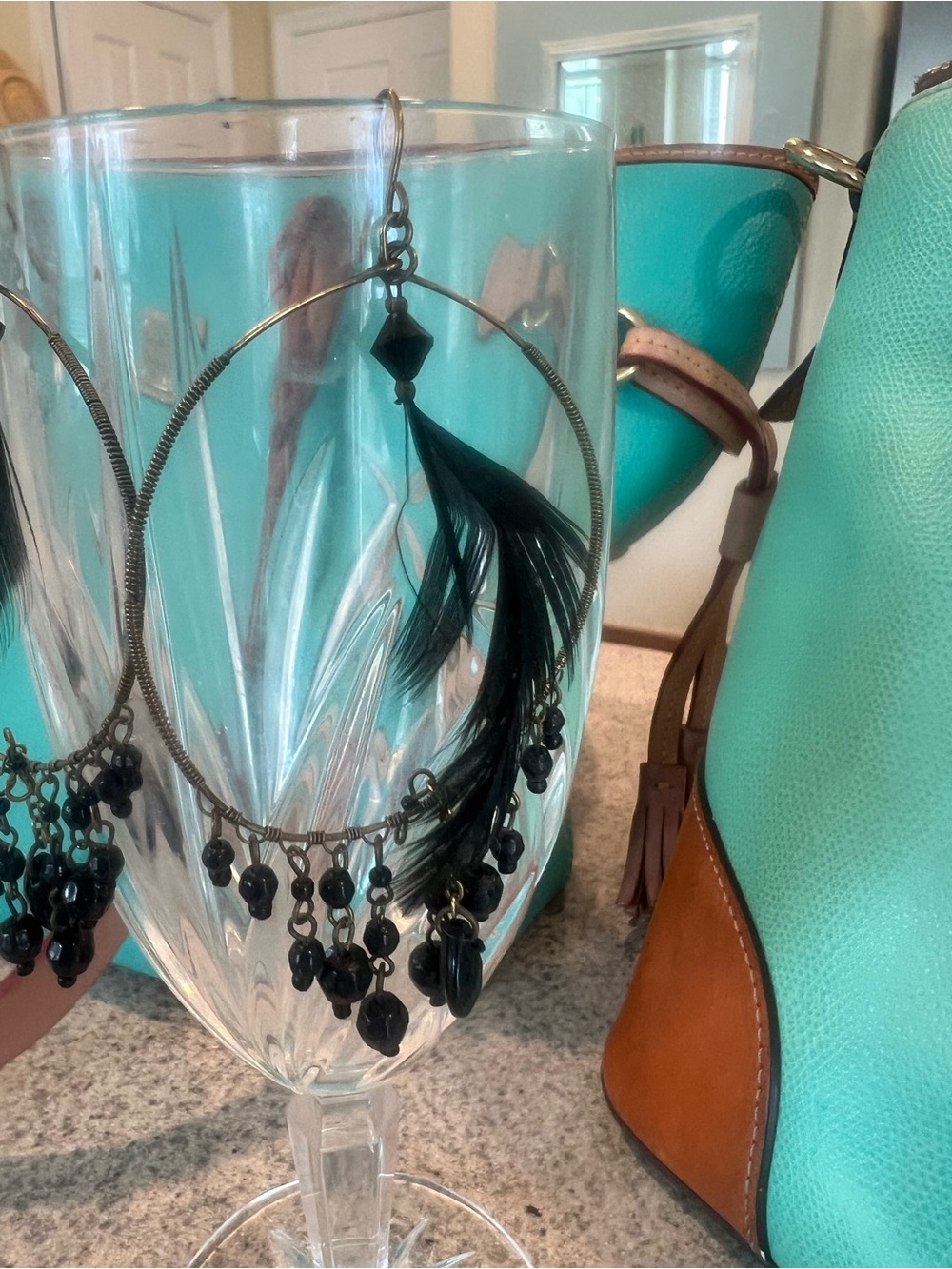 Boho Black Feather and Bead Hoop Earrings
